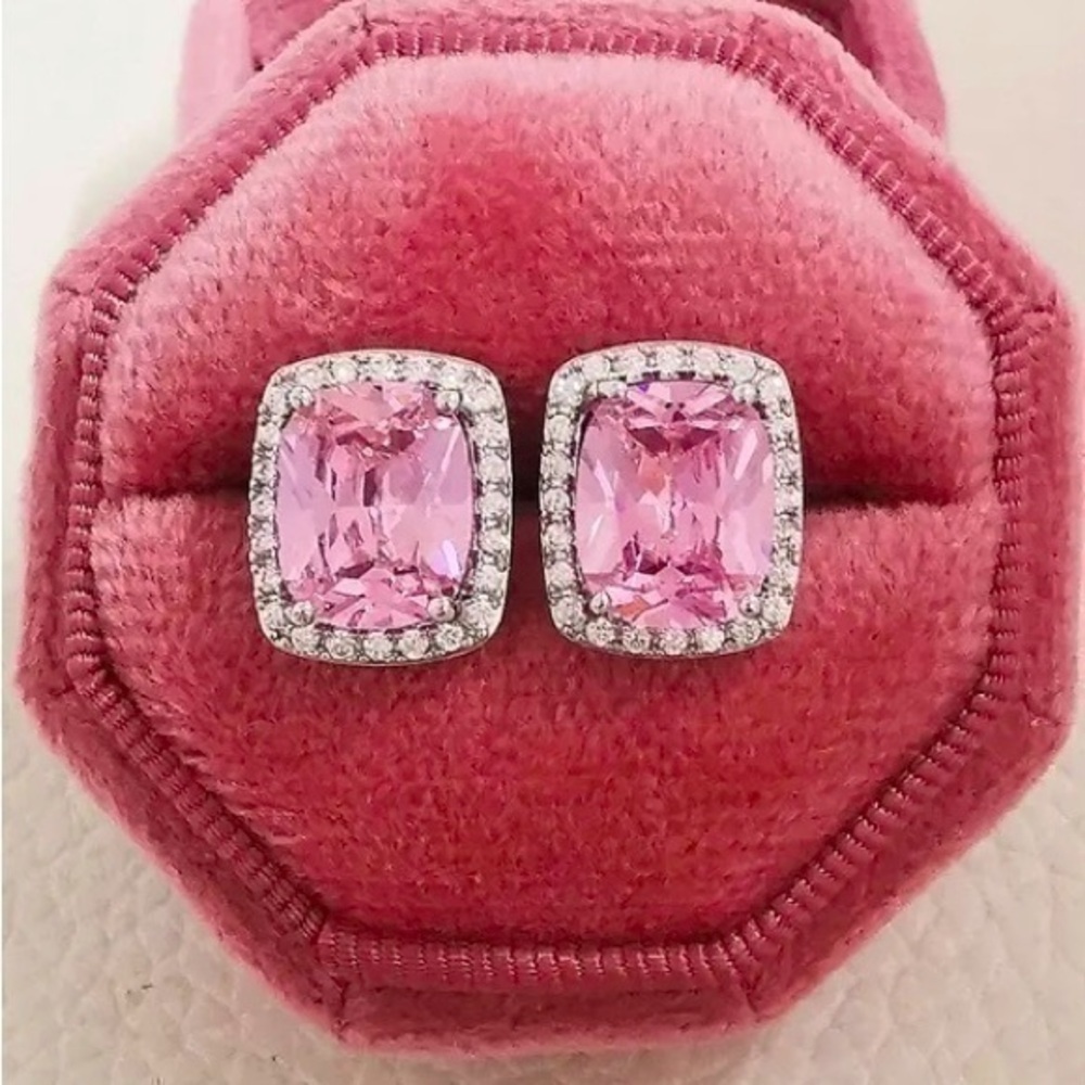 NEW! 925 Sterling Silver Cushion Pink Sapphire Stud Earrings